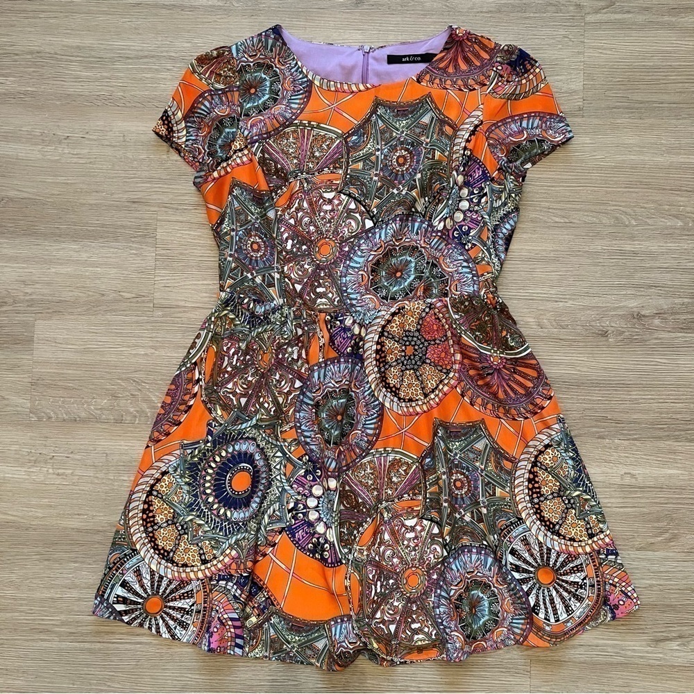 Ark & Co A-Line Cap Sleeve Mini Dress Boho Orange Multicolor Lined Back Zip Sz L